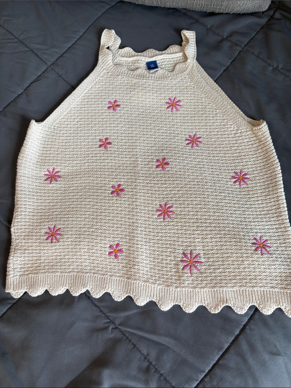 Cream Knit Tank with Pink Floral Embroidery Boho Old Navy New Crochet XXL 14 XS